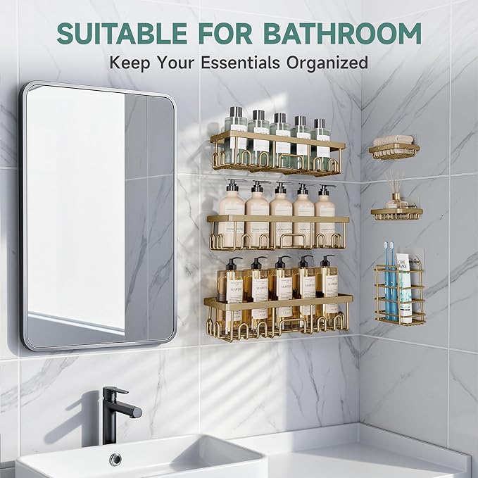 Veken Shower Caddy 6-Pack, No Drilling & Rustproof, Waterproof Adhesive Shelves Rack with Soap Holder, Large Capacity Bathroom Organizers and Storage, Wall-Mounted Kitchen & Home Decor, Matte Gold
