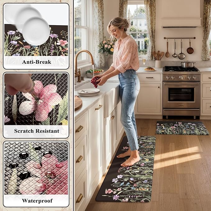 KIMODE Anti Fatigue Mats for Kitchen Floor 17"x47"+17"x29", Farmhouse Floral Kitchen Rugs Sets of 2, Cushioned Kitchen Floor Mats, Non Slip Standing Mat for Sink, Laundry, Office, Desk Black