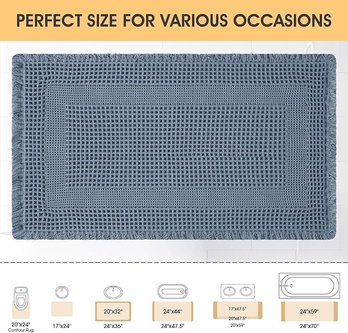 Upgrade Waffle Bath Mat, Boho Bathroom Rugs Absorbent Non Slip, Ultra Soft Bathroom Mat, Machine Washable Knit Bath Rugs with Tassels for Bathroom, Bedroom, Kitchen, Shower, Tub, 32"x20", Blue