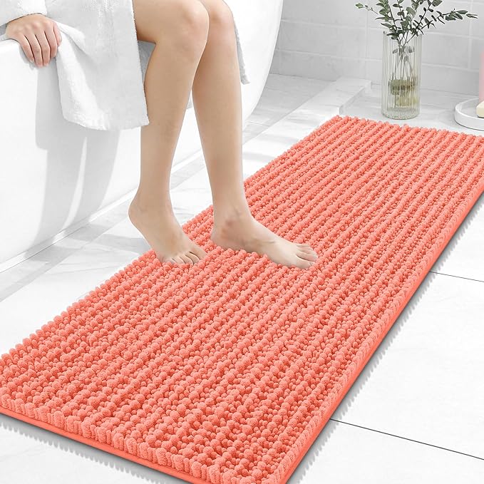OLANLY Long Bathroom Rugs Runner 47x17, Thick Soft and Absorbent Chenille Bath Mat, Non-Slip, Machine Washable Quick Dry Bath Rugs for Tub Shower Floor, Home Decor Accessories, Coral