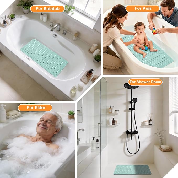 Yimobra Bathtub Mat Non Slip, 34.5"X15.5" Long Shower Mat for Inside Shower, Machine Washable Bath Mat with Drain Holes & Strong Suction Cups, Soft on Feet, Bathroom Essentials, Light Green