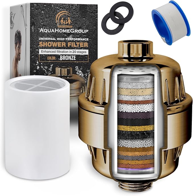 AquaHomeGroup 20 Stage Shower Filter with Vitamin C and E - Reduces Chlorine and Heavy Metals - 2.5 GPM - 2 Cartridges Included - Universal Fit - Golden