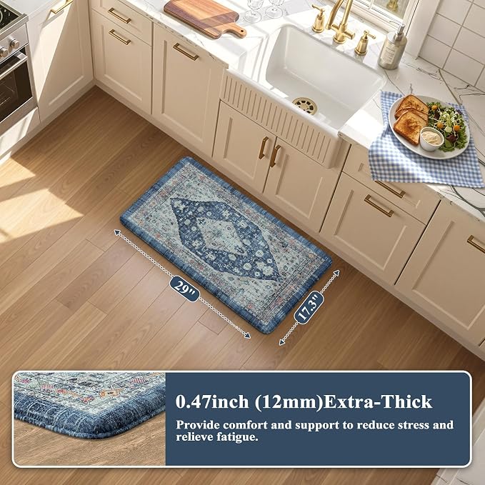 Collive Cushioned Anti-Fatigue Mats, Boho Non-Slip Waterproof Kitchen Floor Mat, Comfortable Standing Carpet for Sink, Laundry, Office, Work, 17.3''x30'' Dark Blue