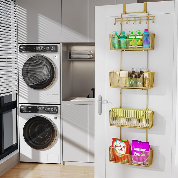 HapiRm Over The Door Organizer - Hanging Door Organizer with 4 Metal Large Capacity Baskets and Adjustable Coat Hook for Bathroom Bedroom Kitchen Pantry Closet Cabinet