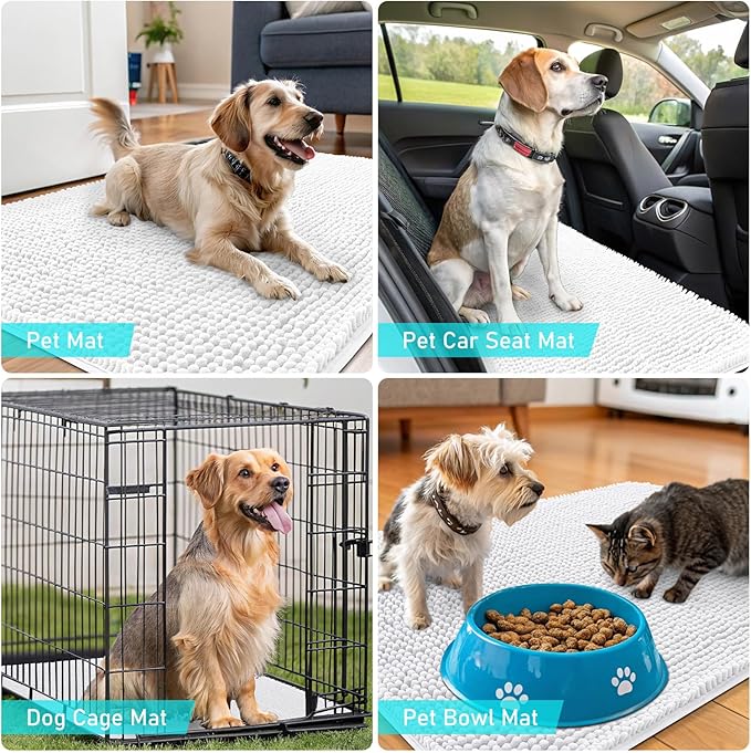 OLANLY Dog Door Mat for Muddy Paws 70x35, Absorbs Moisture and Dirt, Absorbent Non-Slip Washable Doormat, Quick Dry Chenille Mud Mat for Dogs, Entry Indoor Entryway Carpet for Inside Floor, White