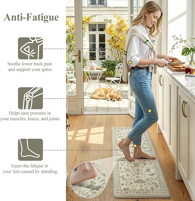 LEEVAN Anti Fatigue Mats for Kitchen Floor Non-Slip, Cushioned Kitchen Mats for Floor 17.3''x29''+17.3''x59'', Tan Memory Foam Kitchen Mat Set