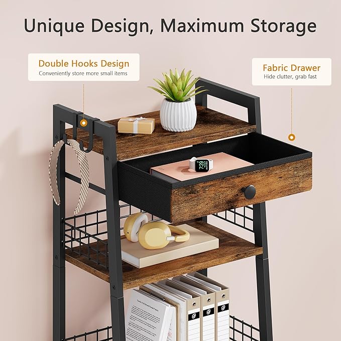 Gewudraw 4-Tier Ladder Shelf with Drawer, Bathroom Table Stand for Small Space, Bathroom Standing Shelves with Storage for Living Room Bedroom Kitchen, Organizer Shelf, Rustic Brown