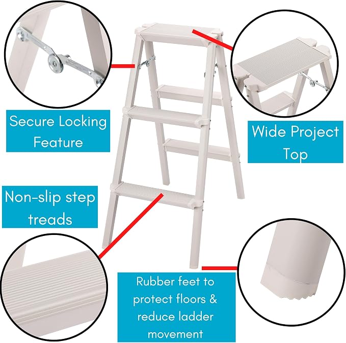 BIRDROCK HOME 3 Step Compact Steel Step Ladder - Sturdy Thin Folding Stool - Anti-Slip Steps - Great for Your Kitchen, Pantry, Closets, or Home Office - Indoor Stool - Silver