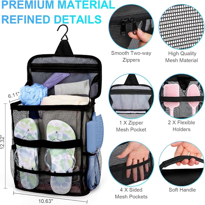 Dorm Room Essentials for College Students Girls Boys Guys, Large Capacity Mesh Shower Caddy Portable with Hanging Hook, Quick Dry Shower Bag for Camping, Beach Essentials, Birthday Gifts for Women Men