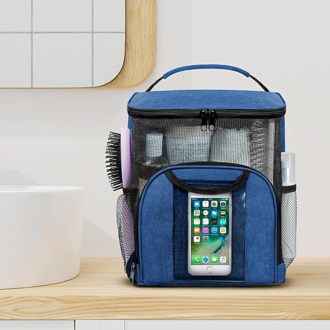 Attmu Mesh Shower Caddy Portable Dorm Tote Bag, Quick Dry Hanging Toiletry Bag, Large Capacity Shower Bag for College Dorm Room Essentials for Boys and Girls for Bath Camping (Blue)
