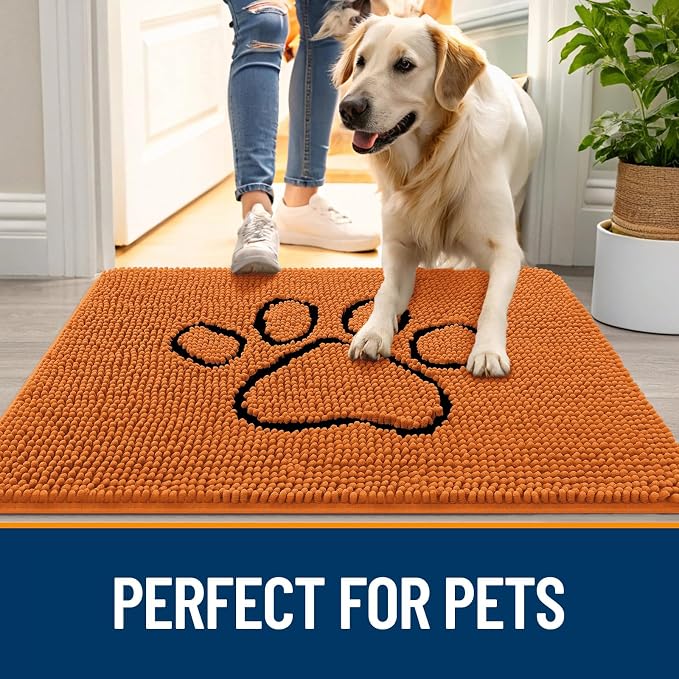 OLANLY Dog Door Mat for Muddy Paws 36x24, Paw Print Design, Absorbs Moisture and Dirt, Absorbent Non-Slip Washable Doormat, Quick Dry Chenille Mud Mat for Dogs, Entry Indoor Entryway Carpet, Clay