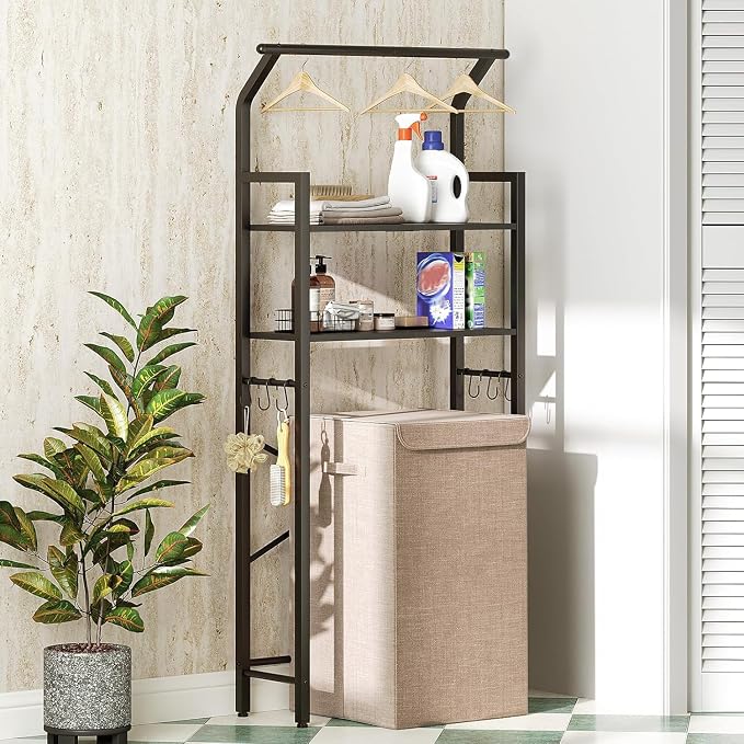 YATINEY 2-Tier Over The Toilet Storage, Multifunctional Vertical Over Toilet Bathroom Organizer, Freestanding Bathroom Storage Shelves with Hooks, Bathroom Organizer, Rustic Brown and Black TR01BB