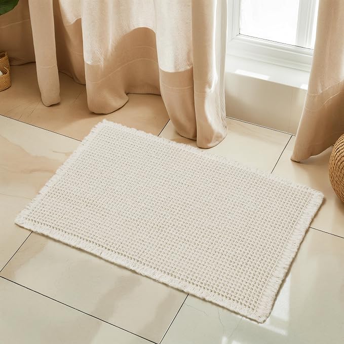 SUBRTEX Waffle Braided Bath Mat, 16" x 24" Soft Waffle Bath Rugs, Absorbent Non Slip Bathrooom Mats, Machine Washable Area Rug for Bathroom, Quick Dry, Off White