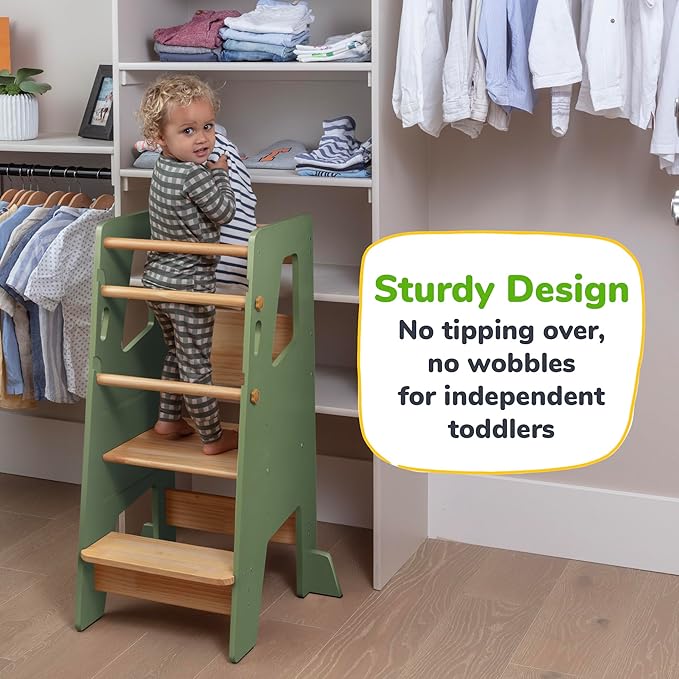 OCODILE Toddler Standing Tower - Adjustable Height Toddler Kitchen Stool Helper - Ideal Kids Kitchen Step Stool for Learning New Skills - Extra Secure with Safety Feet - Green