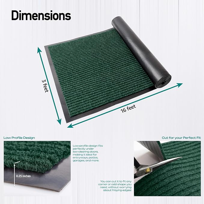 Durable Rubber Door Mat - Heavy Duty, Indoor/Outdoor, Easy Clean, Waterproof, Low-Profile Mat for Entry, Patio, Garage - Stylish (Green, 16' x 3' (Mud Trapper))