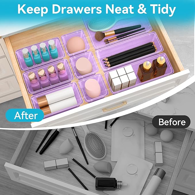 ElegantArray 12-Piece Drawer Organizer Set, 4 Sizes Versatile Plastic Vanity Organizer for Makeup, Stationery, Gadgets, in Kitchen, Bathroom, Office, and Bedroom, Purple