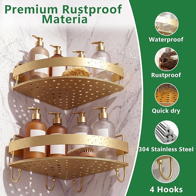Corner Shower Shelves - 2 Tier No Drilling Shower Caddy Adhesive, Stainless Steel Shower Organizer with 4 Hooks, Wall Mounted Shower Rack for Inside Shower Corner Shelf, Gold Floating Shelves