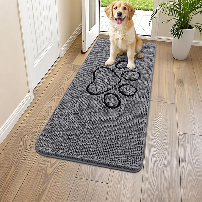 Smiry Dog Door Mat for Muddy Paws, Absorbent Dirt Trapper Non Slip Quick Dry Washable Chenille Mat for Mud Dogs, Entry Rug for Indoor and Outdoor (47x24 Inches, Dark Grey and Black)