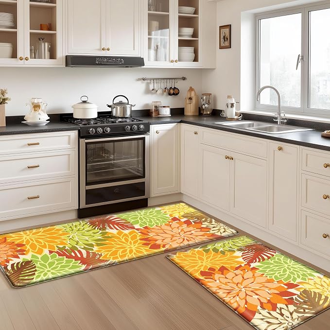 Arenarug Kitchen Mats for Floor 2PCS Cushioned Anti Fatigue Kitchen Mats Waterproof Non Slip Kitchen Rug Set Foam Standing Mat for Sink, Laundry, Office, 24"x39"+24"x59", Maple Orange