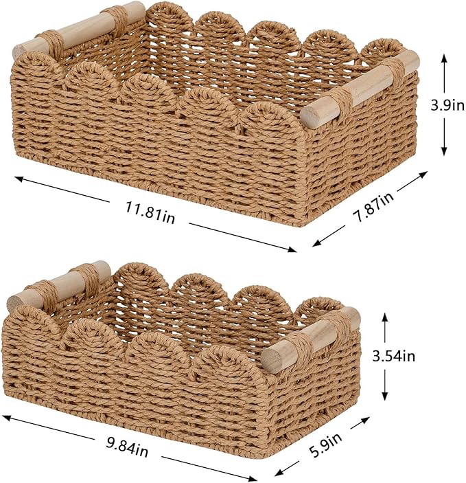 CubesLand Toilet Paper Storage Organizer Basket, Scalloped Decorative Baskets for Over Toilet Shelves, Wicker Small Basket Perfect for Home Countertop Storage & Decor, Living Room Shelf Decor, Neutral