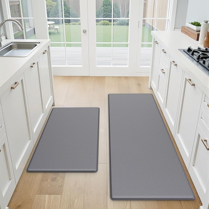 Kitchen Mats for Floor 2 Piece - 17"x29"+17"x47" Anti Fatigue Mats for Kitchen Floor - Non Slip Cushioned Rugs for Standing - Grey