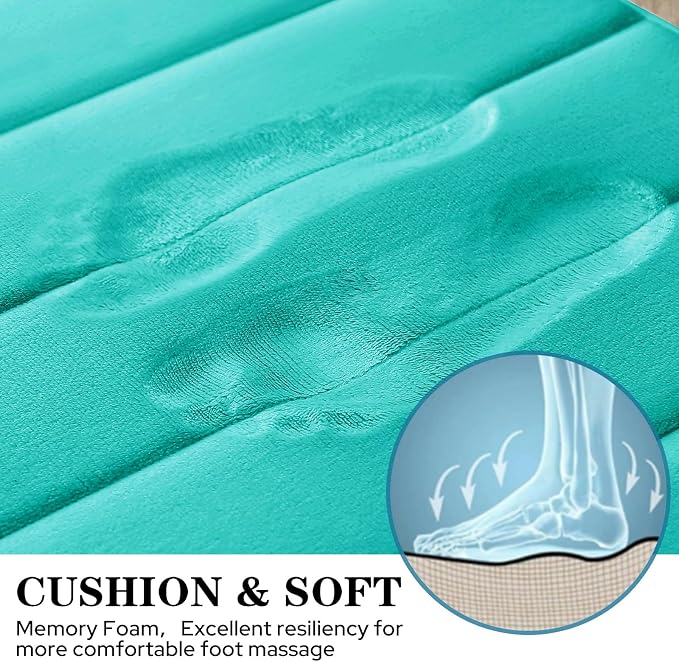 BYSURE Light Teal Memory Foam Bathroom Rug Set 3 Piece, Non Slip Extra Soft Absorbent Machine Washable Toilet Bath Toilet Mat (17"x24"+20"x32"+U Shape 20"x24")