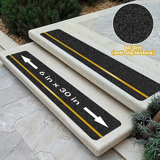 10 Pack Anti Slip Traction Treads with Reflective Stripe, 6” x 30” Grit Non Slip Waterproof Tape Pre-Cut Tape with Roller, High Traction Friction Abrasive Adhesive for Stairs Step, Black & Yellow