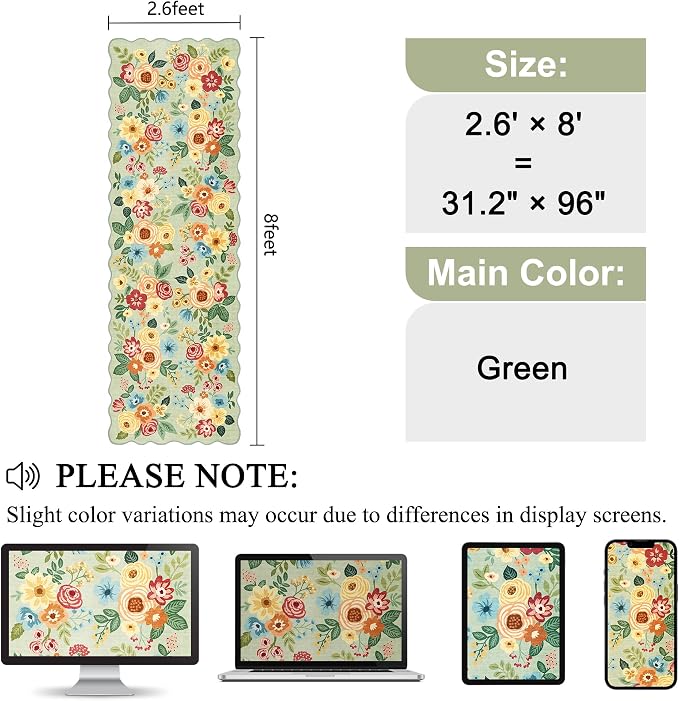 DUKINO 2.6x8 Runner Rug for Hallway, Washable Kitchen Rug with Non Slip Backing & Non-Shediing, Soft Low Pile Floral Design Runner for Bedroom, Kithchen, Living Room, Laundry, Bathroom, Green