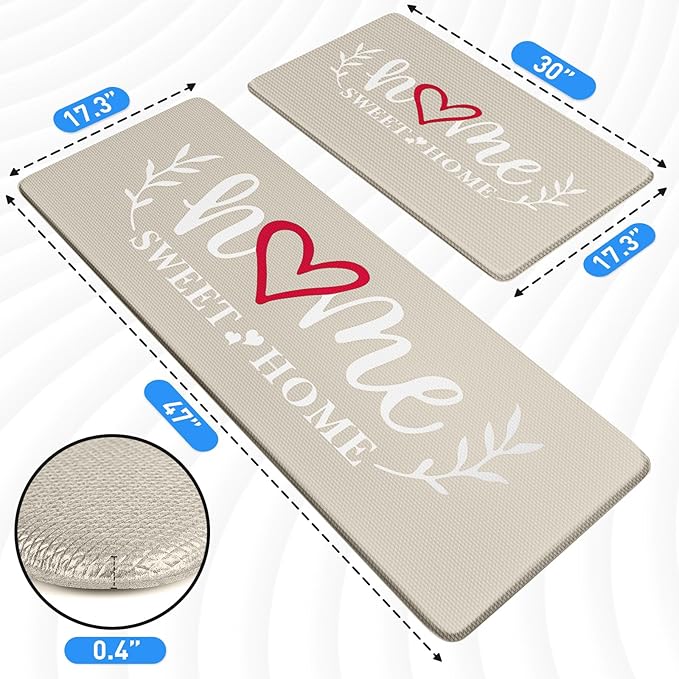 HappyTrends Kitchen Mat for Floor, 2PCS Cushioned Anti-Fatigue Kitchen Rugs, Waterproof Non-Slip Standing Mats and Rugs Set for Kitchen, Office, Laundry, Khaki, 17.3"×30"+17.3"×47"