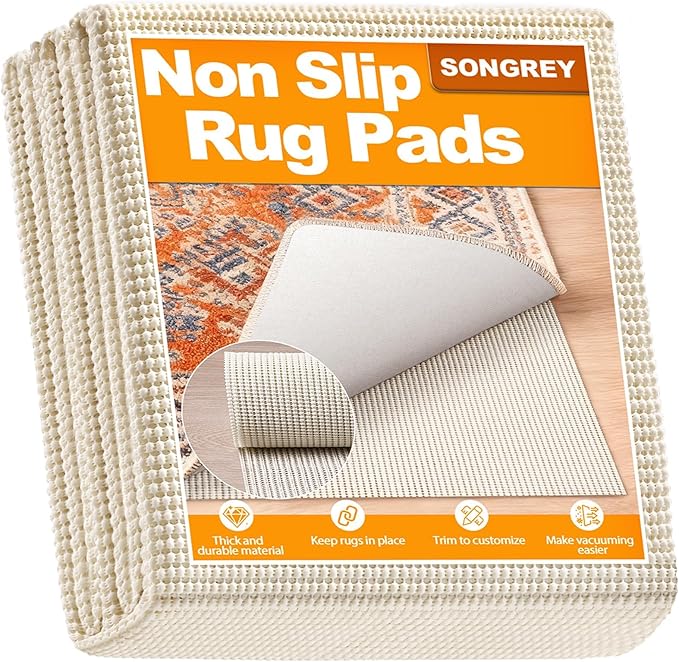 Songrey Non-Slip Rug Pad 10x12 FT, Extra Thick Carpet Pads for Hard Surfaces, Prevents Sliding and Secures Rugs, Provides Floor Protection with Comfort Cushioning