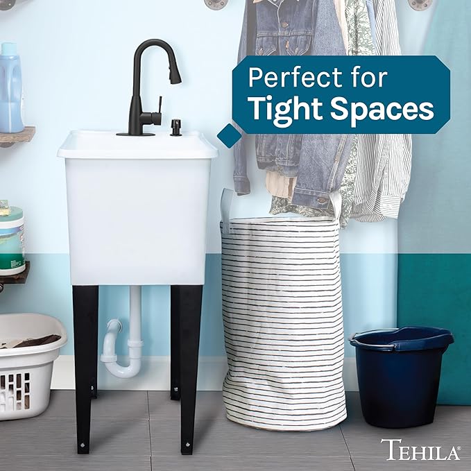 White Space Saver Utility Sink by JS Jackson Supplies, Freestanding Tehila Space Saving Laundry Tub, Black Pull-Down Faucet, Soap Dispenser