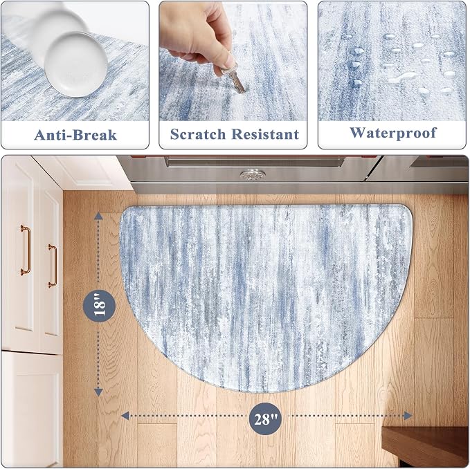 KIMODE Anti Fatigue Mats for Kitchen Floor 18"x28", Farmhouse Half Circle Kitchen Rug, Cushioned Kitchen Floor Mat Non Skid, Memory Foam Kitchen Mat for Laundry Office Sink Desk Blue