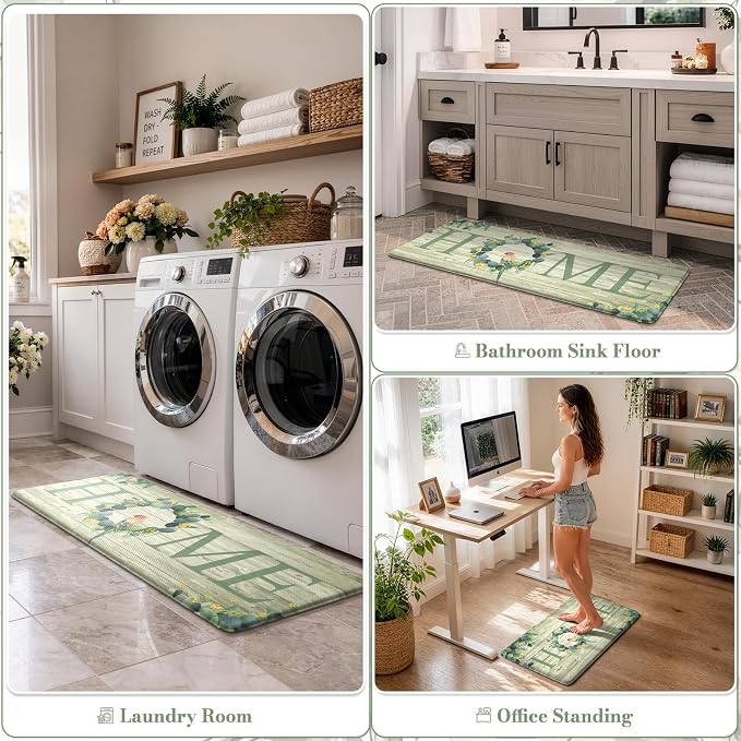 KIMODE Anti Fatigue Kitchen Mats for Floor 2 Piece,Farmhouse Spring Rugs Non Slip,Cushioned Memory Foam Carpet for Sink Laundry Office Bathroom,Green 17"x47"+17"x29"