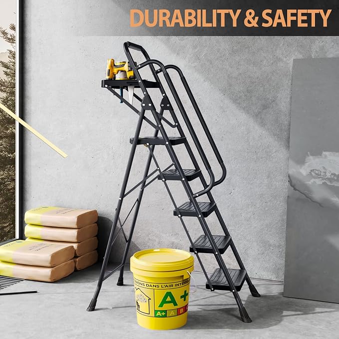 TOOLF Step Ladder, Sturdy Steel Step Stool with Anti-Slip Wide Pedals, Handrail, Safe-Lock Design, Folding Portable Ladder for Multi-Purpose, Home, Kitchen (5 Step Ladder)