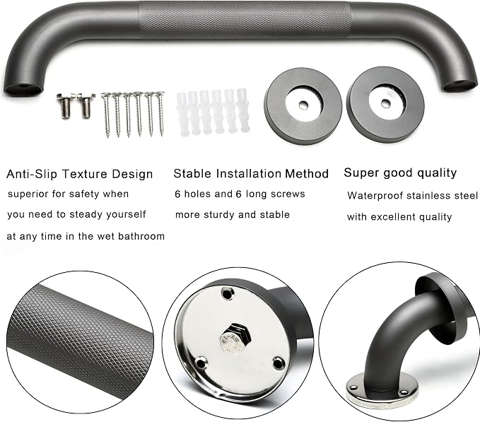 Shower Grab Bar, 2 Pack 24 Inch Gray Bathroom Grab Bar, 1.25" Diameter 304 Stainless Steel Anti-Slip Grab Bars for Bathtubs and Showers, Handicap Shower Grab Bar for Seniors Elderly