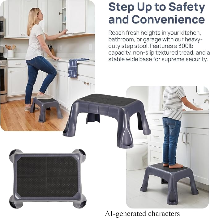 Heavy Duty Plastic Step Stool - 300lb Capacity, Non-Slip Textured Tread - Compact 1-Step Design for Kitchen, Bathroom & Garage - Stable Wide Base (Gray)