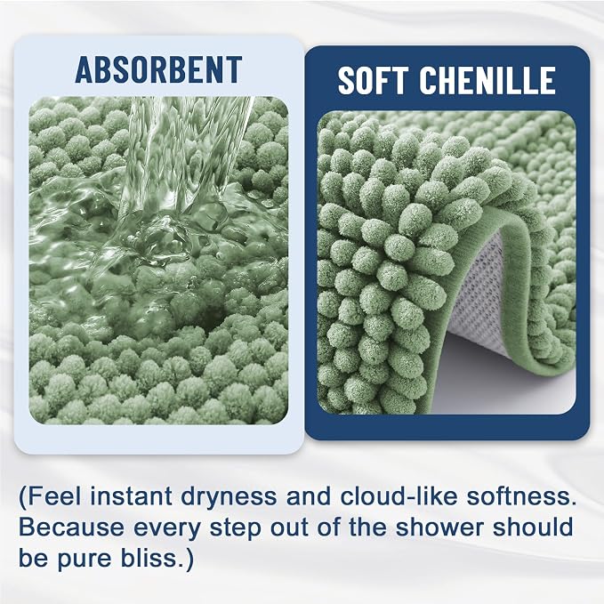 Grandaily Chenille Striped Bathroom Rugs 44x32, Extra Thick and Soft Absorbent Bath Mats, Rubber Backing, Plush Shaggy Shower Carpet, Machine Wash Dry, Bath Rug for Bathroom, Grayish Green