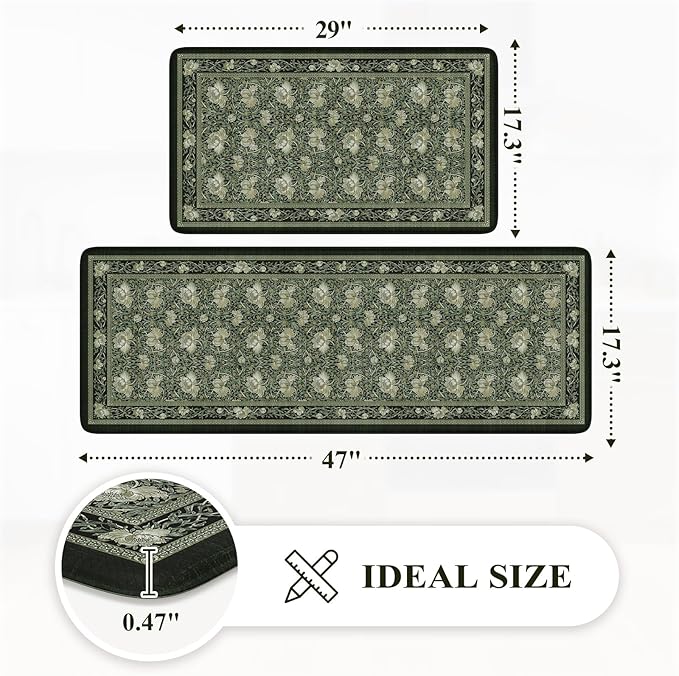 KIMODE Anti Fatigue Mats for Kitchen Floor Non Slip,Boho Floral Rugs Sets of 2,Cushioned Padded Carpet for Laundry Sink,Memory Foam Comfort Standing Mat for Office,Black 17"x29.5"+17" x47”