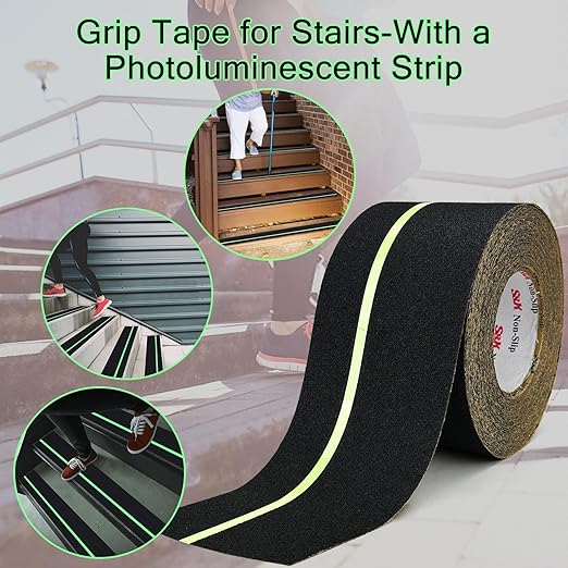 S&X Anti Slip Tape 4 Inch x 60 Ft, 2X Longer Heavy Duty Grip Tape with Glow-in-Dark Strip, Outdoor Stair Treads Non-Slip for Steps Ramps Decks, Non Skid for Enhanced Safety