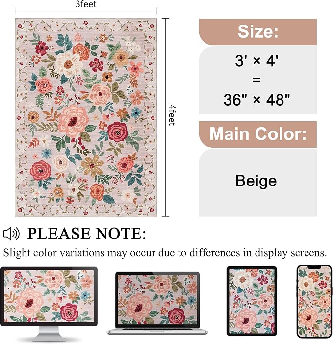 DUKINO 3x4 Area Rug, Lightweight Non Slip Washable Floral Rug, Indoor Low Pile & Non-Shedding Boho Design Carpets for Bedroom, Kitchen, Dining Room, Beige