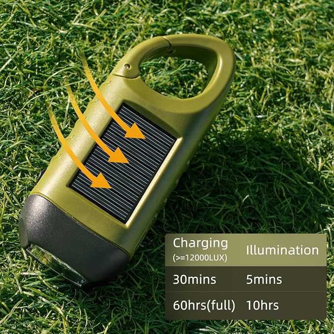 SEANCHEER Hand Crank Solar Powered Flashlights,Compact Emergency USB Rechargeable LED Flashlight Handheld Survival Flashlight,Quick Snap Carbiner Dynamo Flashlight for Outdoor,Sports,Hiking-Green
