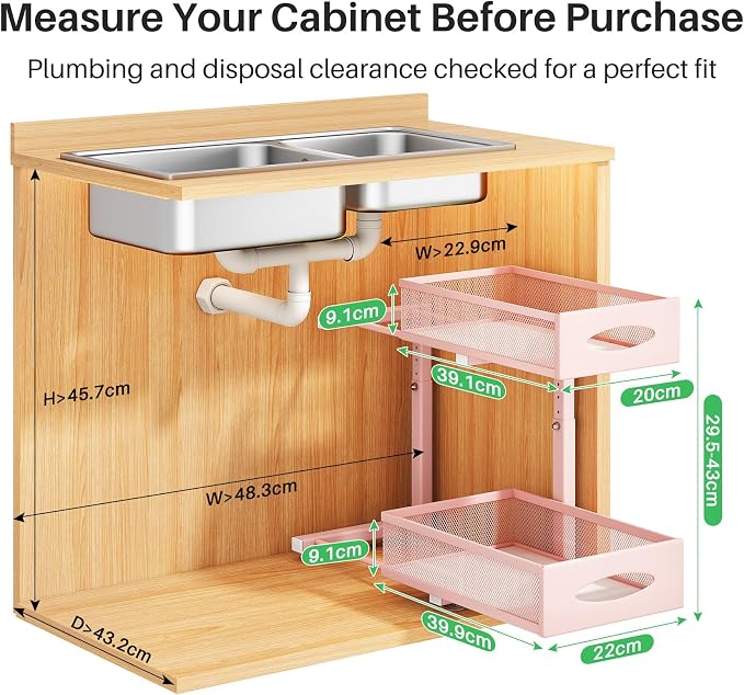 Under Sink Organizer, 2 Tier Pull out Cabinet Organizer Baskets with Mesh Sliding Drawers, Slide out Storage Shelf for Home, Kitchen, Bathroom, Pantry, Office Cabinet(1 Pack, Pink)