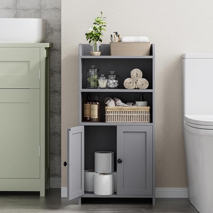 Homhedy Small Bathroom Storage Cabinet, Freestanding Toilet Paper Storage with 2 Doors and Shelves, Bathroom Organizers and Storage for Small Spaces, Laundry Room, 7.9" D x 14.6" W x 31" H, Gray