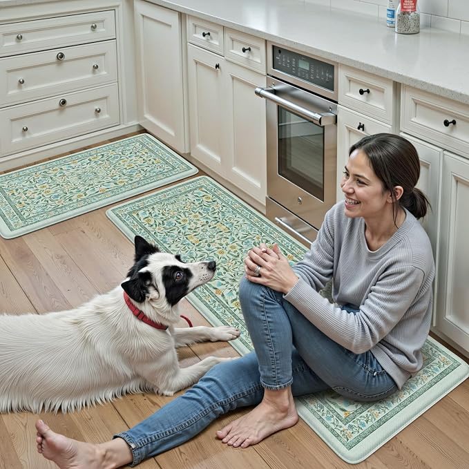 KIMODE Kitchen Mats for Floor Anti Fatigue, Kitchen Floor Mats 17.3"x29"+17.3"x47", Boho Floral Kitchen Rugs Sets of 2, Comfort Padded Rugs for Kitchen Floor Laundry Office Sink Desk Blue Green