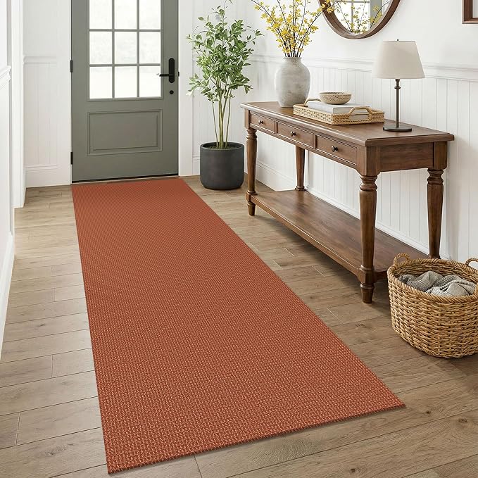 KOZYFLY Orange 3x7 Washable Kitchen Runner Rug, Non Slip Wide Runners for Hallway, Cotton Entryway Runner, Braided Floor Carpet for Entry, Kitchen, Bedside, Hall, Burnt Orange/Tan