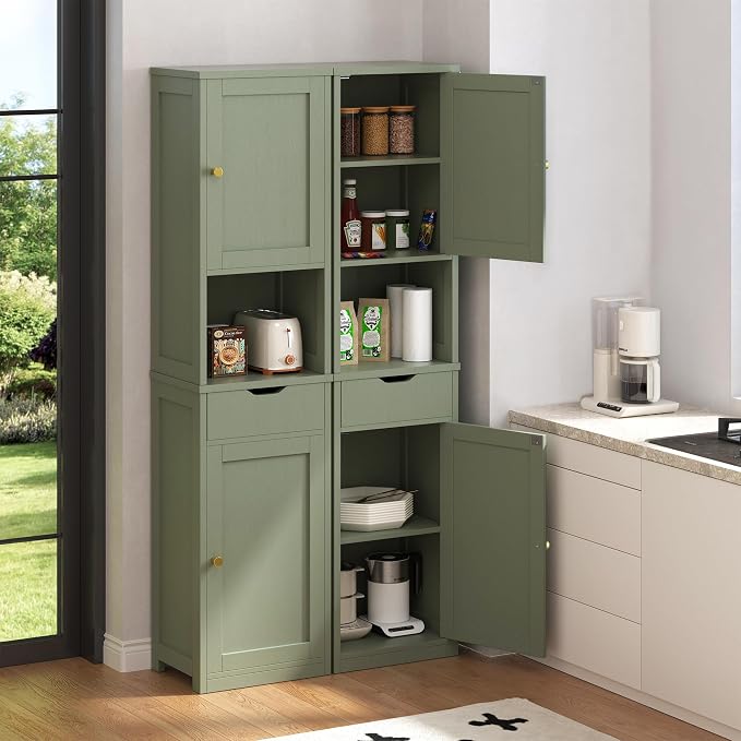 Vongrasig Tall Bathroom Storage Cabinet, 64”H Narrow Storage Unit for Small Spaces, Freestanding Modern Cabinet with Adjustable Shelves for Bathroom, Living Room, Kitchen, Green