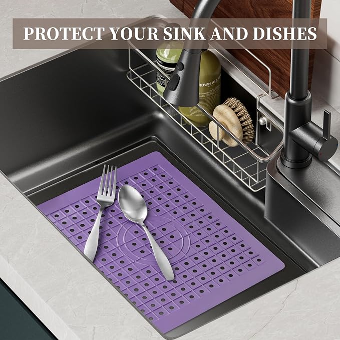 WILLKOMMEN Kitchen Sink Mat, 12" x 10" Rectangular Sink Protector Pad, Fast-Draining Grid Design Liner, Dish Drying Mat , 2 Pack Purple