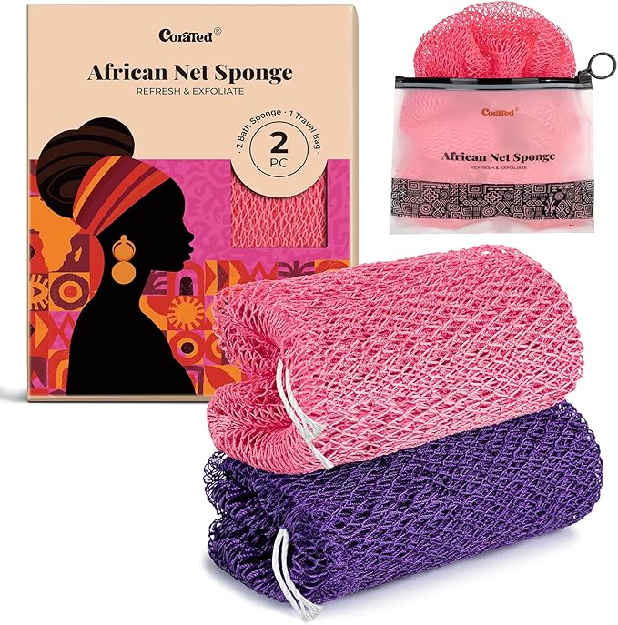 CORATED African Net Sponge Authentic, Shower Loofah Exfoliating Bath Sponge, Body Scrubber for Women and Men Daily Use Body Care, Travel Portable, Durable Bath Accessories Gifts for Women