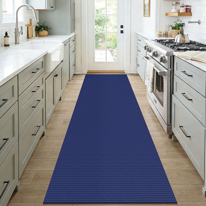 KOZYFLY Woven 3x7 Washable Kitchen Runner Rug, Non Slip Wide Runners for Hallway, Cotton Entryway Runner, Braided Floor Carpet for Entry, Kitchen, Bedside, Hall, Royal Blue/Navy