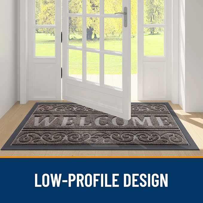 OLANLY Welcome Door Mat Indoor Outdoor Entrance, Heavy Duty Sturdy Front Door Mat, Waterproof All-Weather Doormat, Stain Resistant, Low Profile, Easy Clean Patio Entryway Mat, 36 x 24, Medium Brown